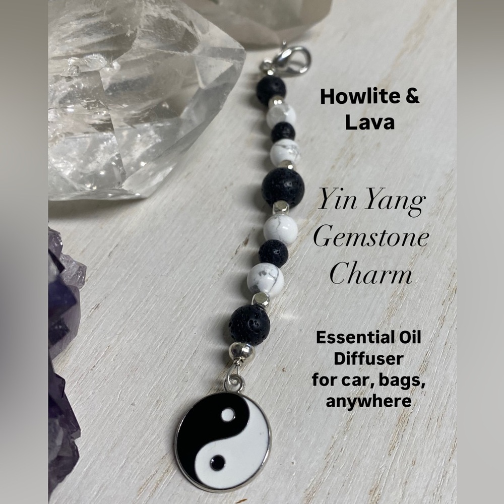 2/$30 Yin Yang Gemstone Charm with Howlite and Lava - Handmade